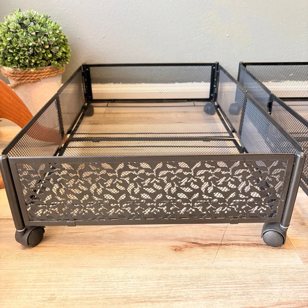 2 Black Metal Mesh Rolling Underbed Storage Bins Bird Leaf Design Foldable